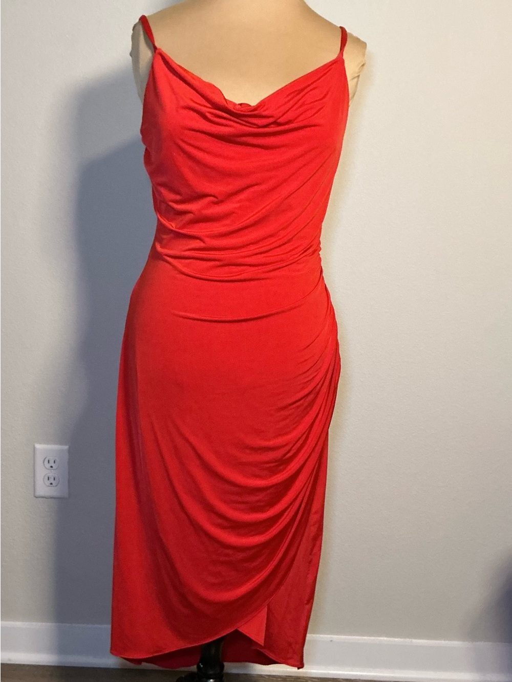 Red Draped Slip Midi Dress - Women's Elegant Evening Dress